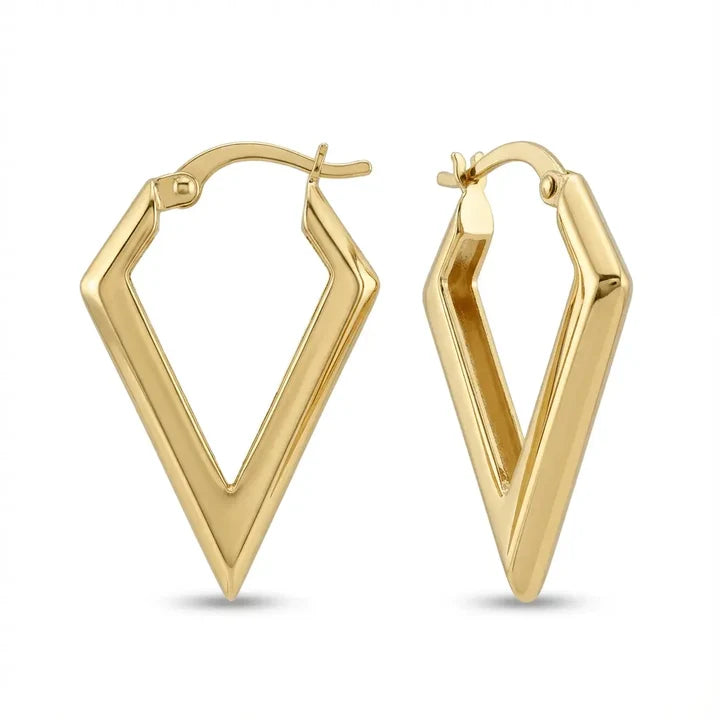 Solid Gold Earrings – Geometric V Shaped Hoop – 14ct Gold