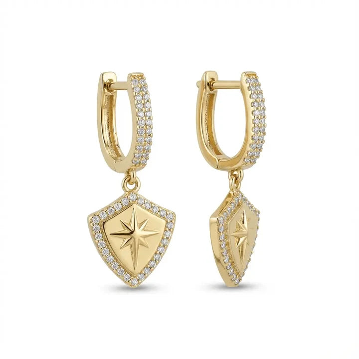 Solid Gold Earrings – Radiant Shield Pavé Drop – 14ct Gold
