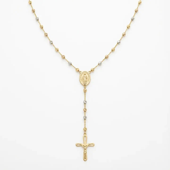 Solid Gold Necklace – Tricolor Rosary Style – 14ct Gold