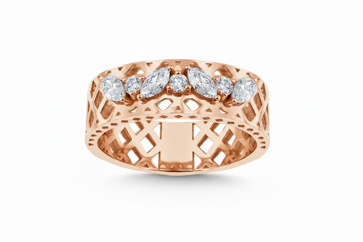 L&A Lattice Crown 14K Gold  Diamond Band Ring