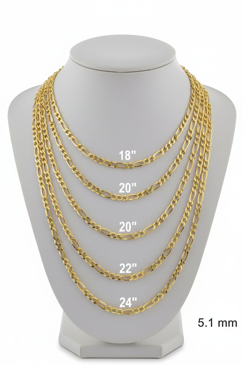 14k Figaro  Gold Chain Necklace (1.85mm - 5.35mm)